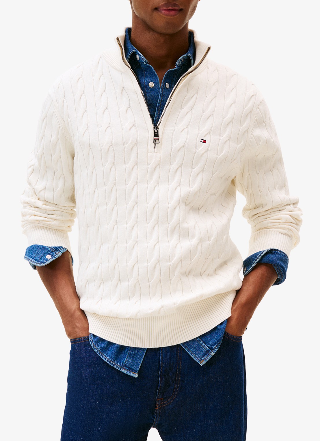 Tommy Hilfiger Kabelgebreide trui met halve rits en logo - detail 2 gebroken wit