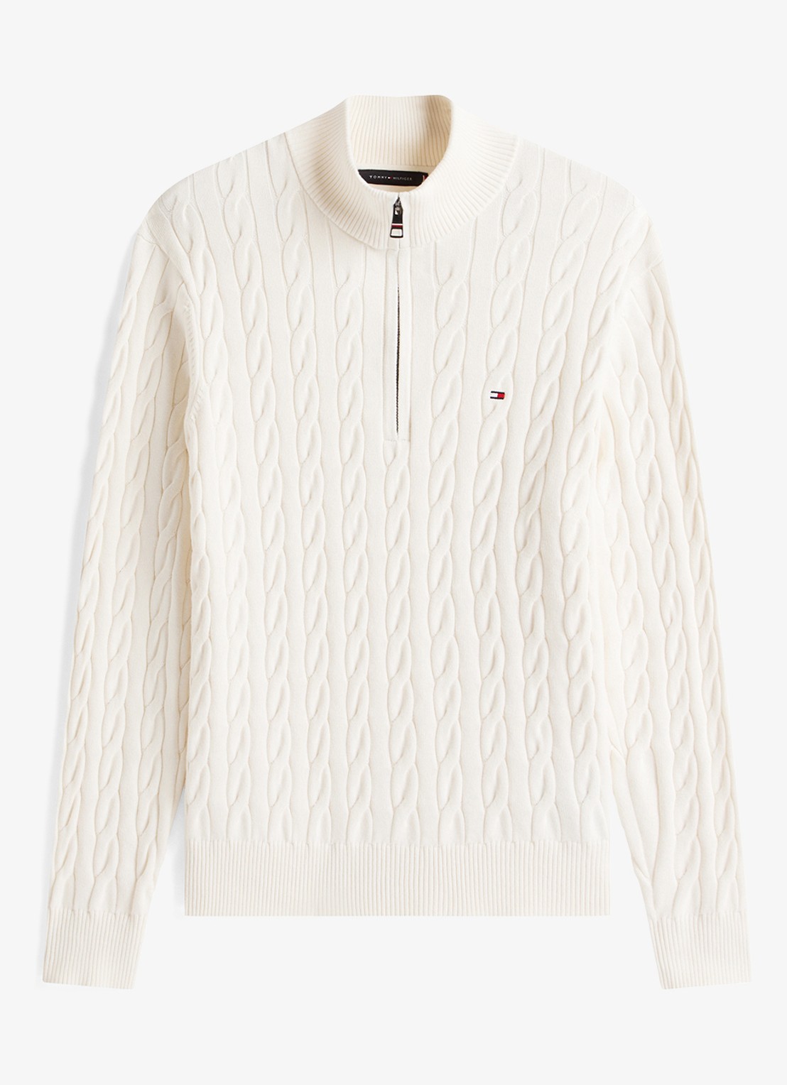 Tommy Hilfiger Kabelgebreide trui met halve rits en logo - voorkant 3 gebroken wit