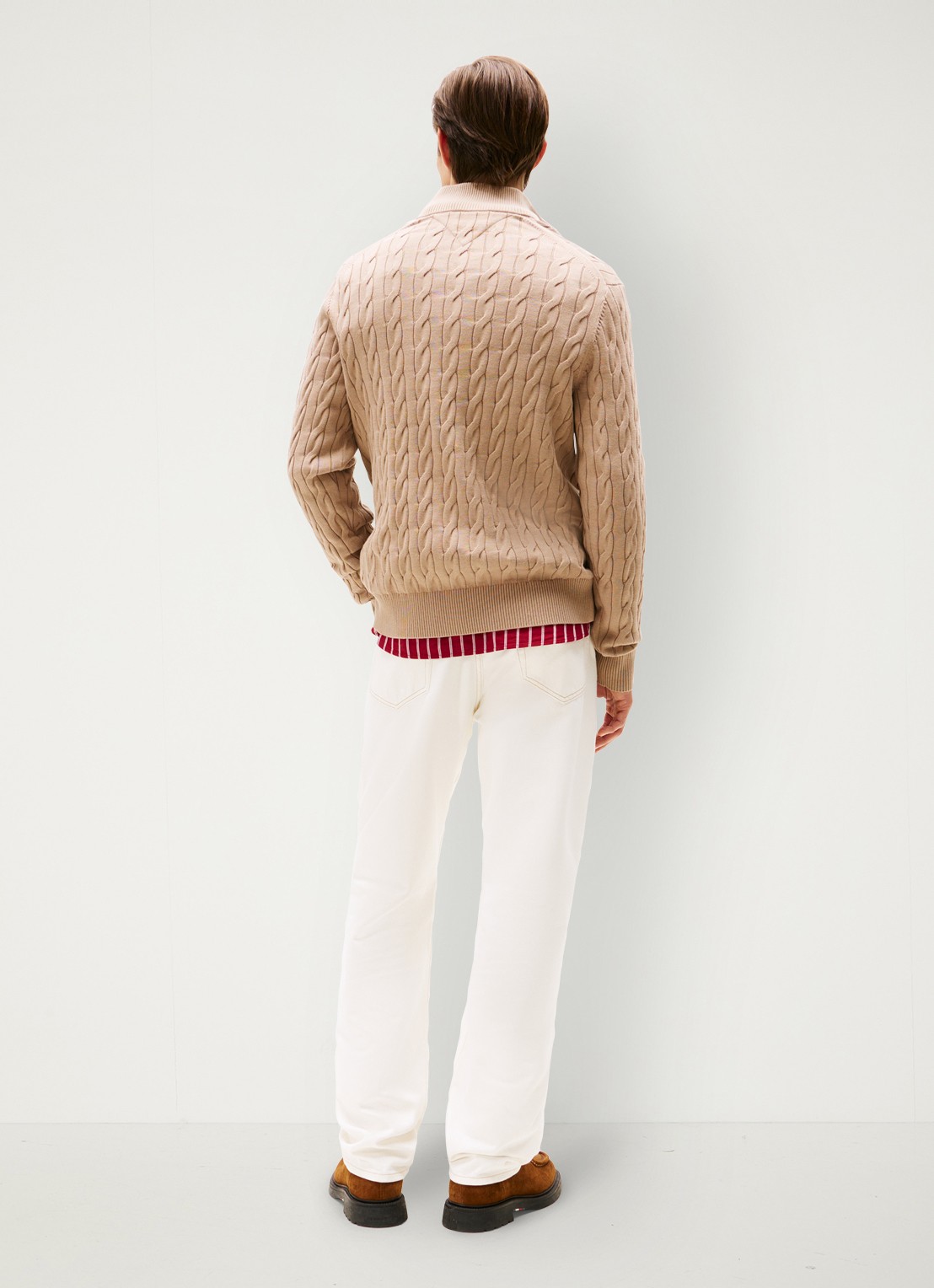 Tommy Hilfiger Kabelgebreide trui met halve rits en logo - achterkant 5 beige