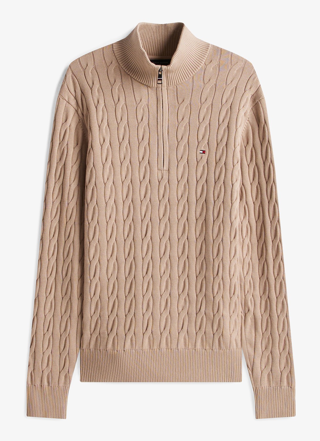Tommy Hilfiger Kabelgebreide trui met halve rits en logo - voorkant 3 beige