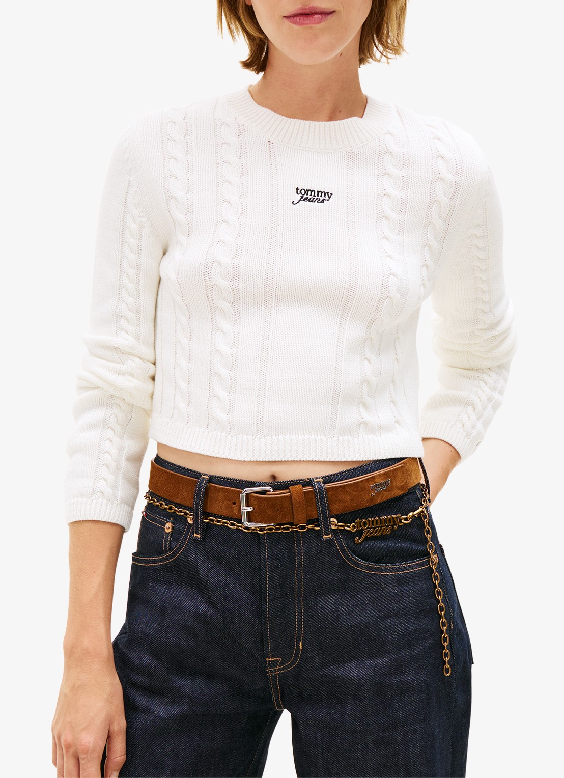 Tommy Hilfiger Kabelgebreide trui met logoborduring - detail gebroken wit