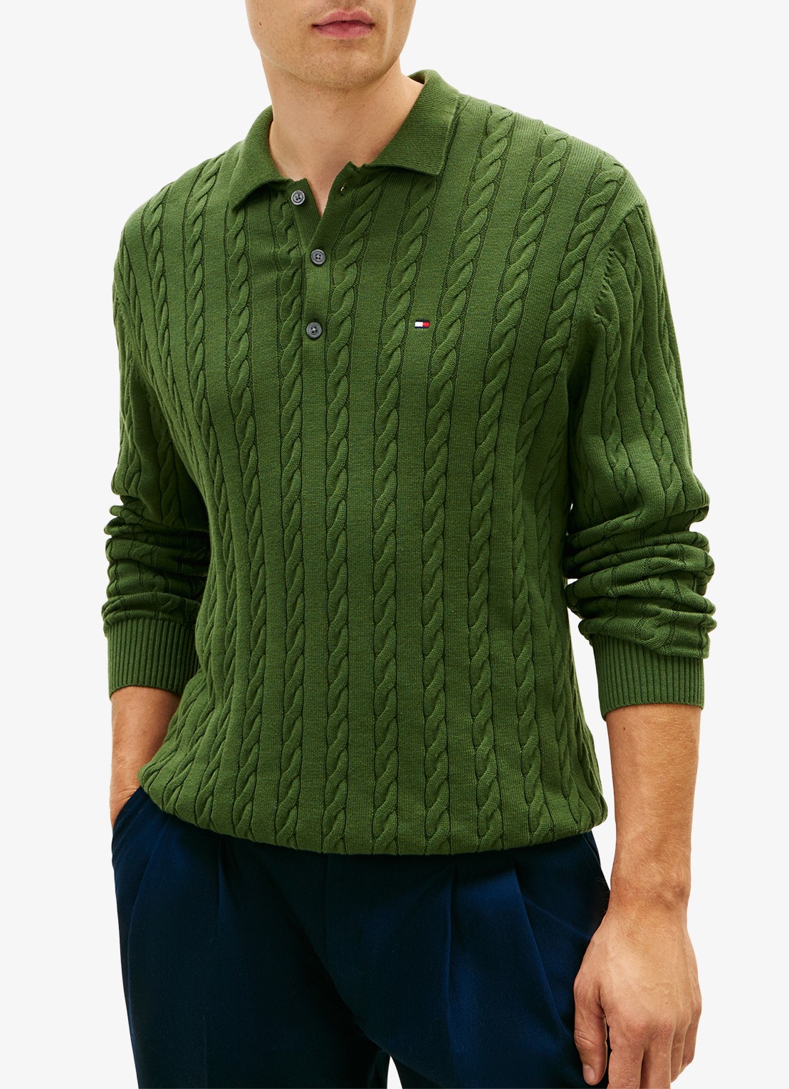 Tommy Hilfiger Kabelgebreide trui met polokraag en logoborduring - detail 2 groen