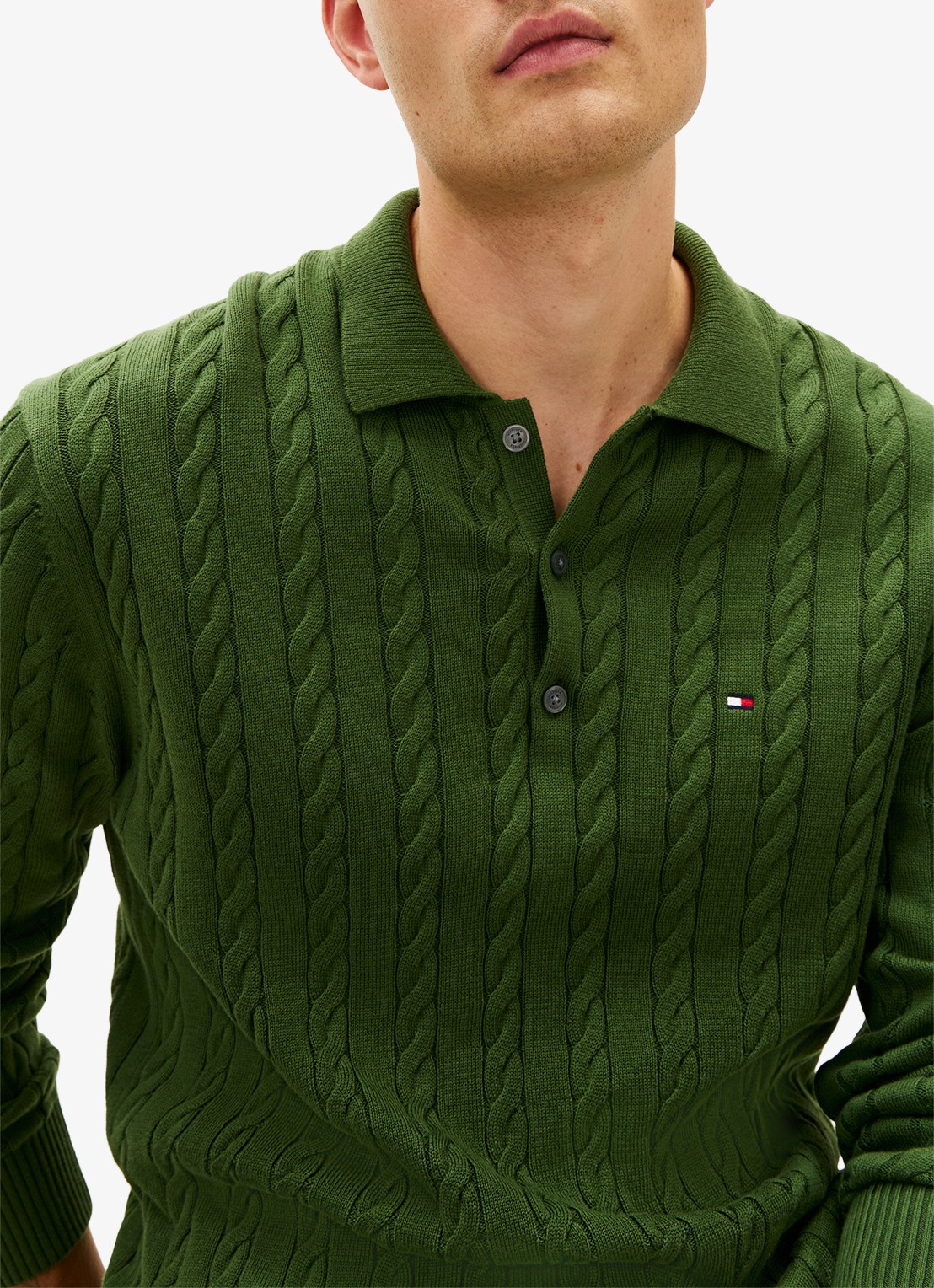 Tommy Hilfiger Kabelgebreide trui met polokraag en logoborduring - detail 3 groen