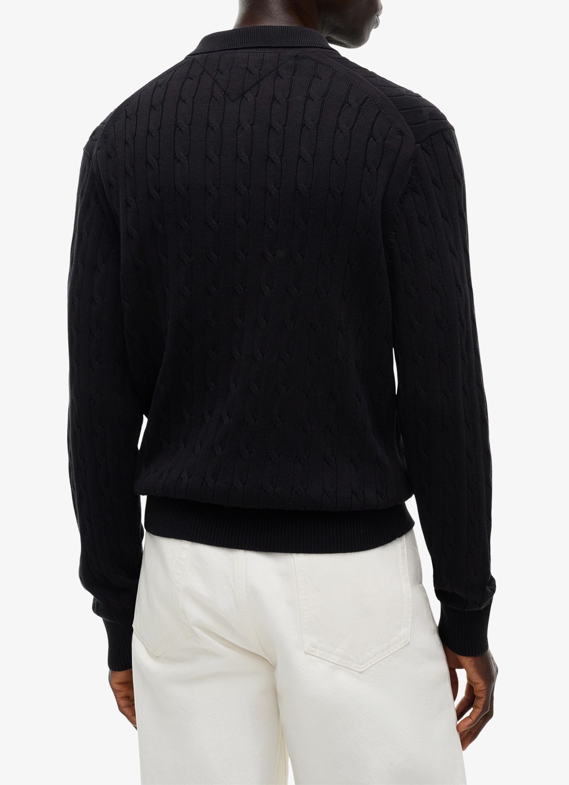 Tommy Hilfiger Kabelgebreide trui met polokraag en logoborduring - achterkant zwart