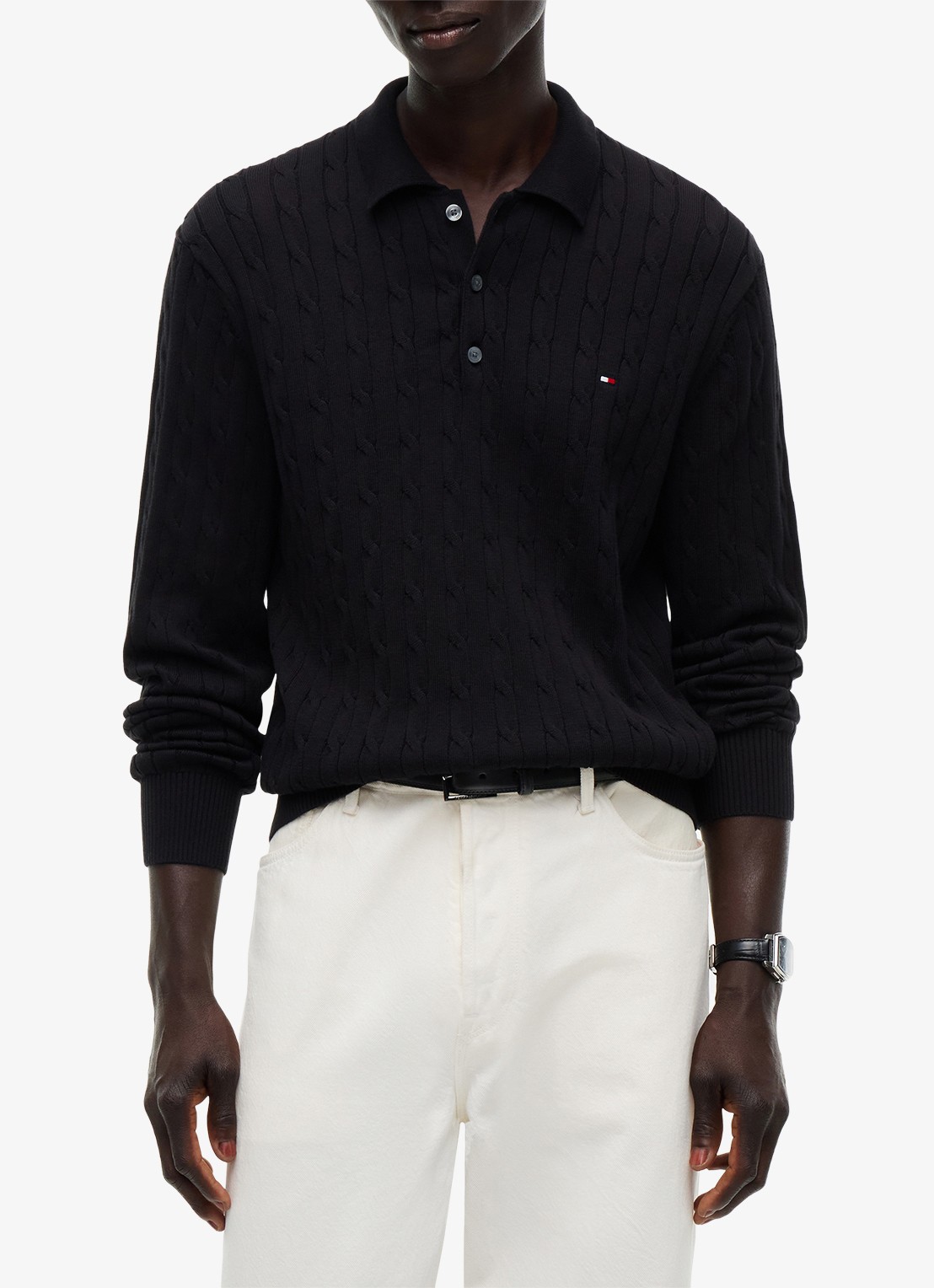 Tommy Hilfiger Kabelgebreide trui met polokraag en logoborduring - detail 4 zwart