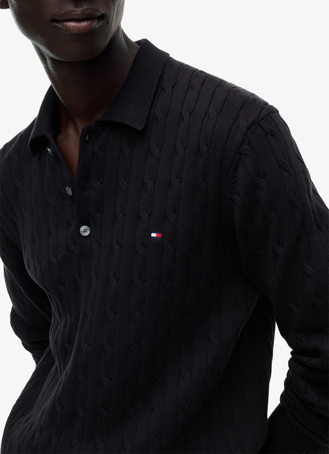 Tommy Hilfiger Kabelgebreide trui met polokraag en logoborduring - detail 5 zwart