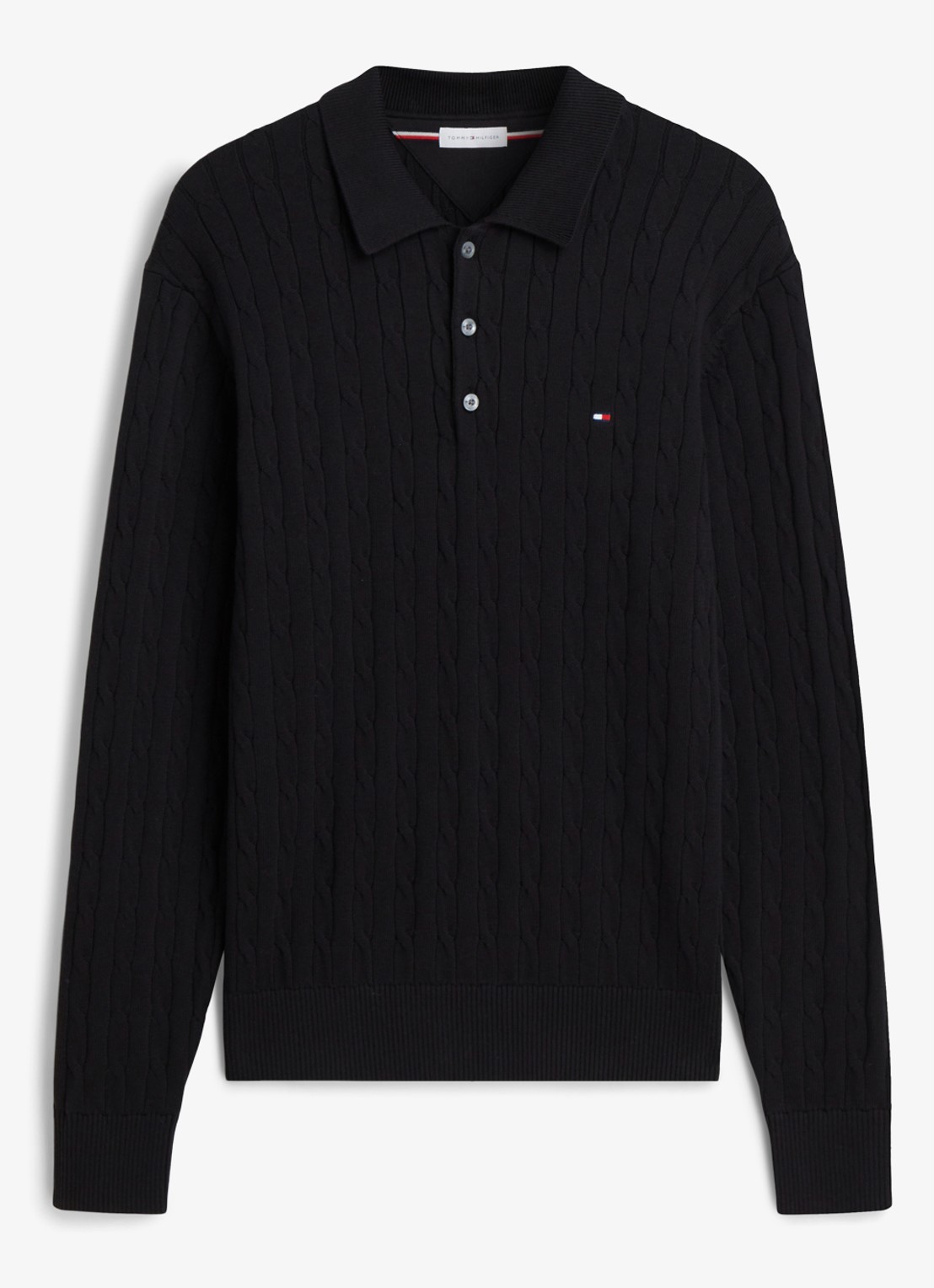 Tommy Hilfiger Kabelgebreide trui met polokraag en logoborduring - voorkant 2 zwart