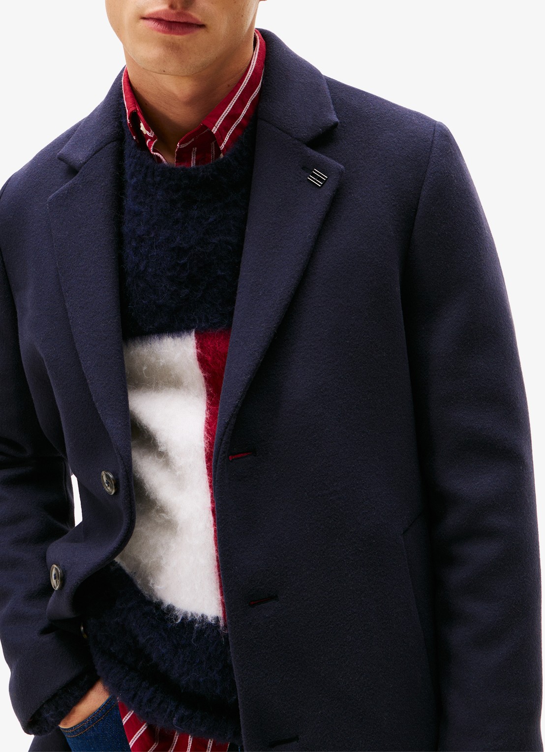 Tommy Hilfiger Mantel in wolblend met steekzakken - detail donkerblauw