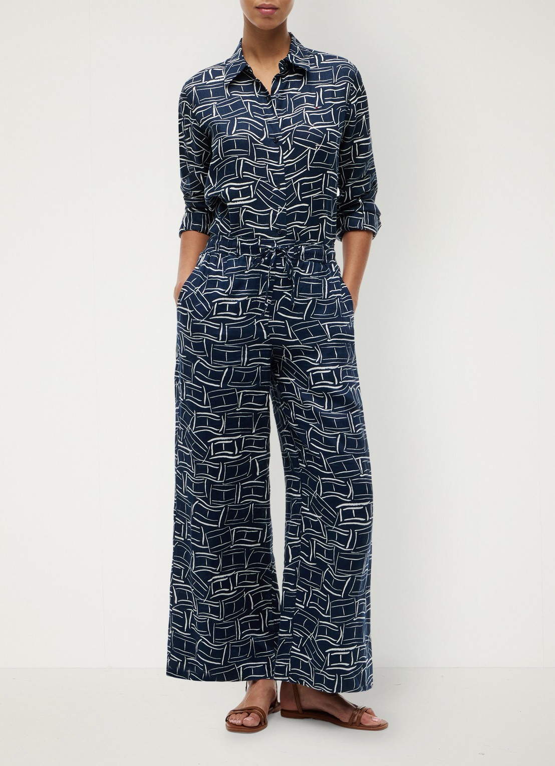Tommy Hilfiger Mid waist wide fit palazzo broek van linnen - voorkant 2 donkerblauw