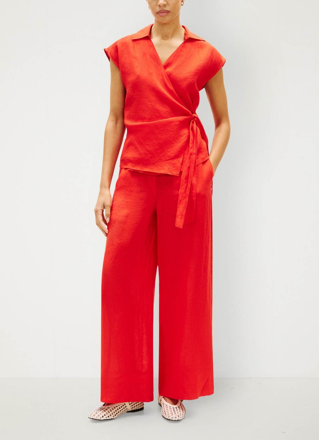 Tommy Hilfiger Mid waist wide fit palazzo broek van linnen - voorkant 3 koraalrood