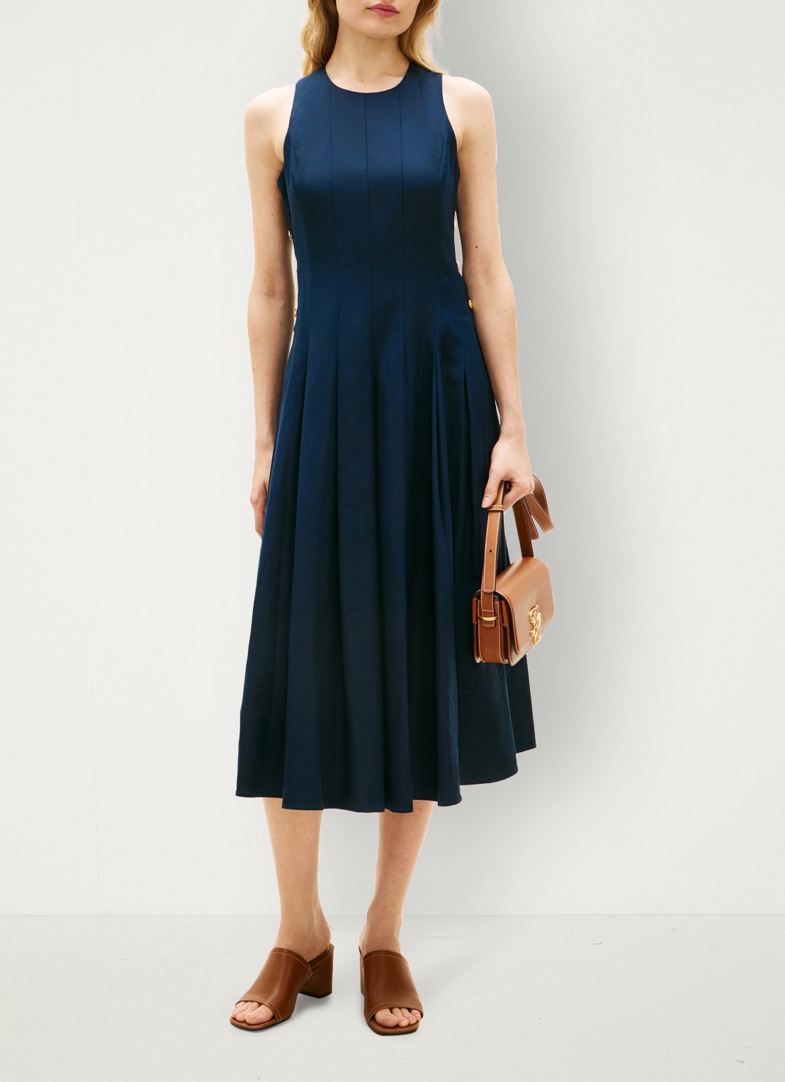 Tommy Hilfiger Midi jurk in linnenblend met plooien - detail blauw