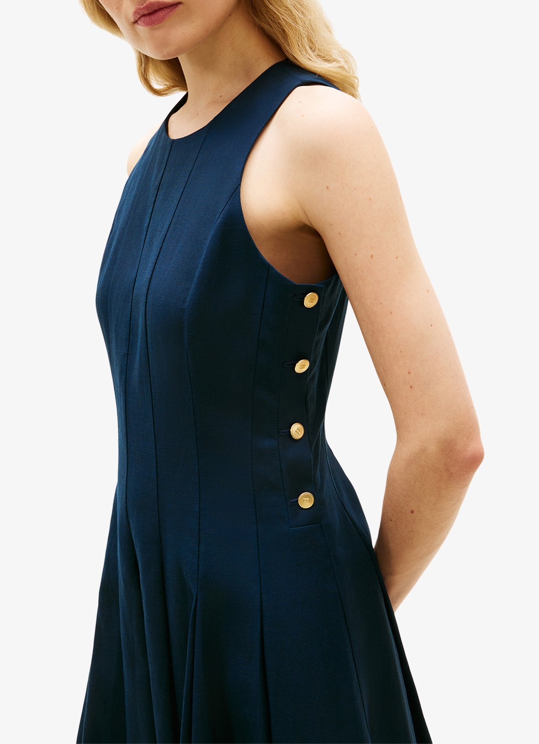 Tommy Hilfiger Midi jurk in linnenblend met plooien - detail 3 blauw