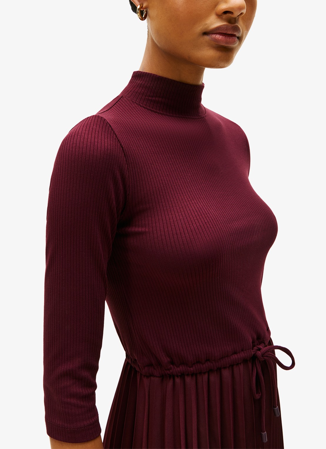 Tommy Hilfiger Midi jurk met ribstructuur en plissé - detail 2 bordeauxrood