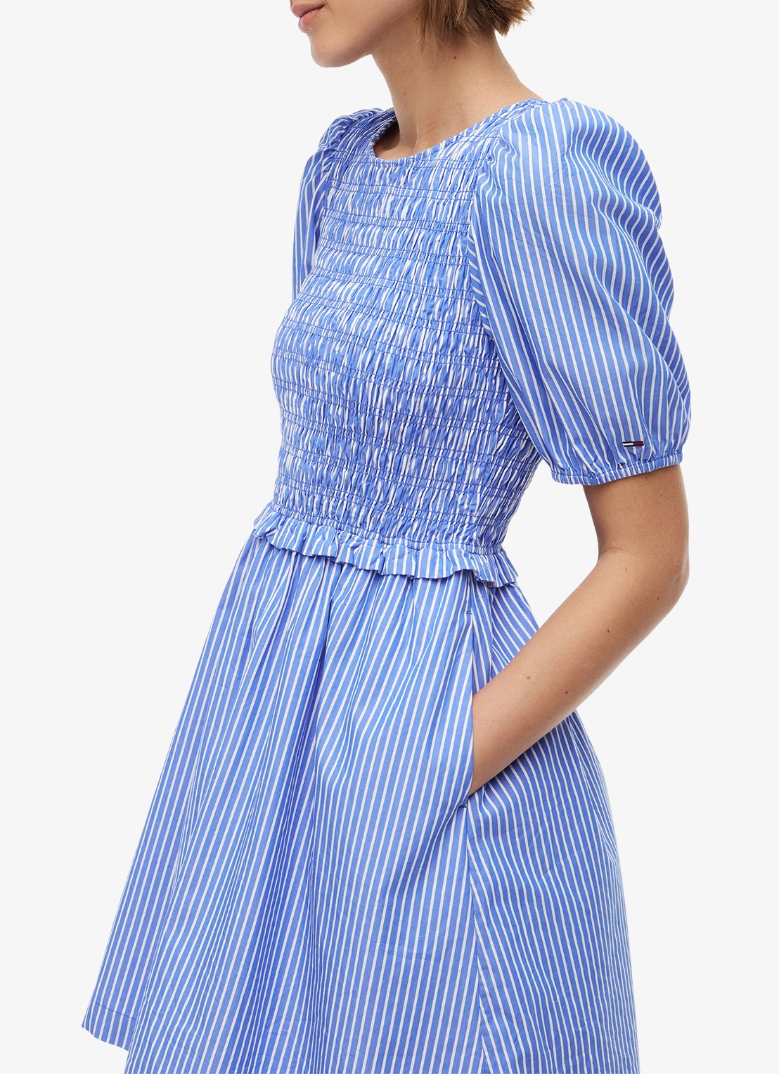 Tommy Hilfiger Mini jurk met pofmouw - detail lichtblauw