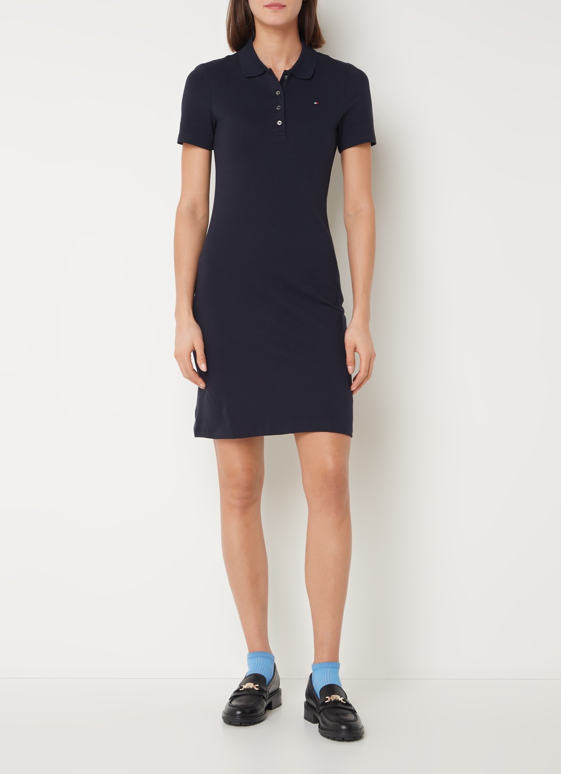Tommy Hilfiger Mini jurk van piqué katoen met polokraag - voorkant 3 donkerblauw