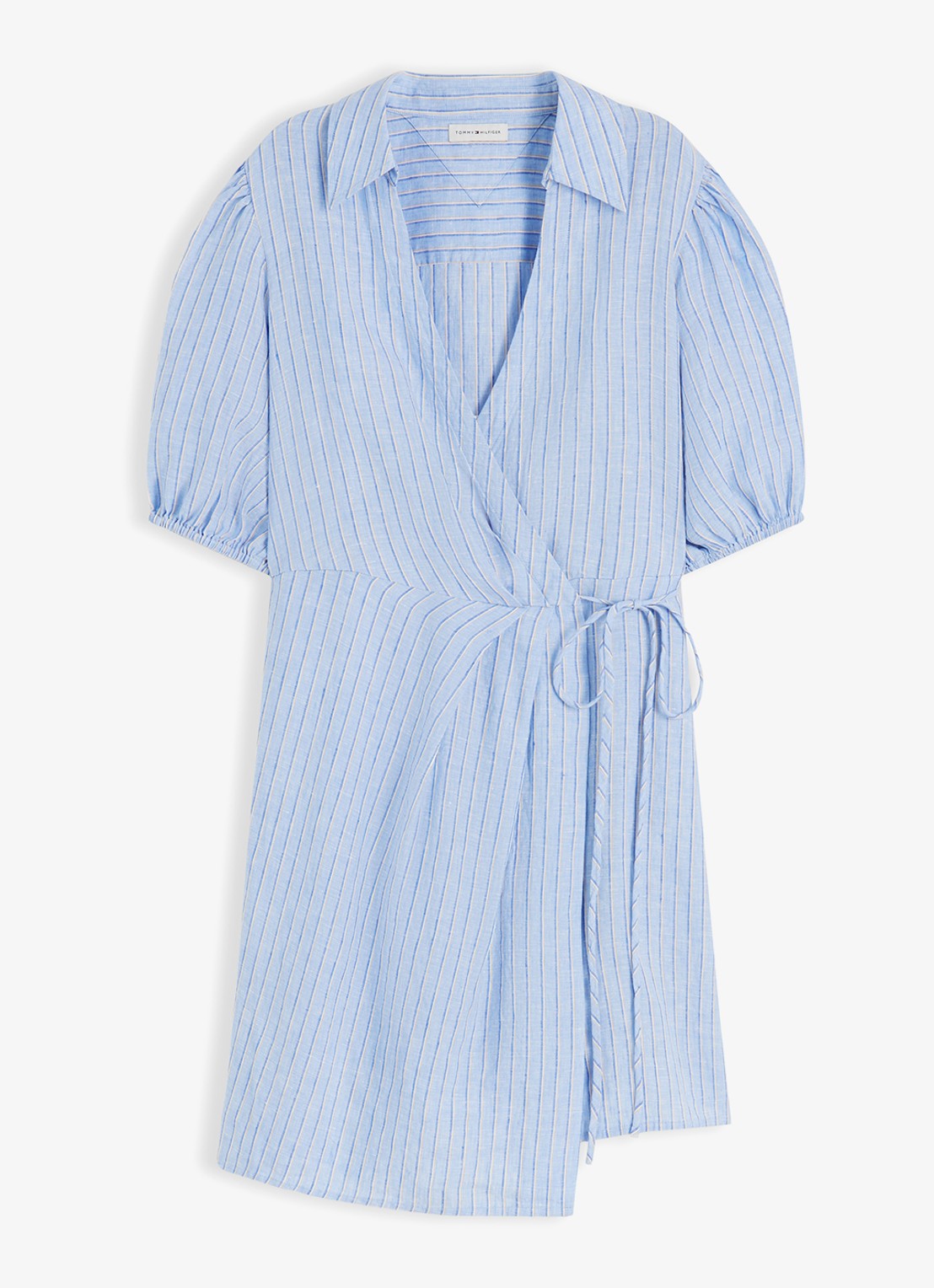 Tommy Hilfiger Mini wikkeljurk met pofmouw - voorkant lichtblauw