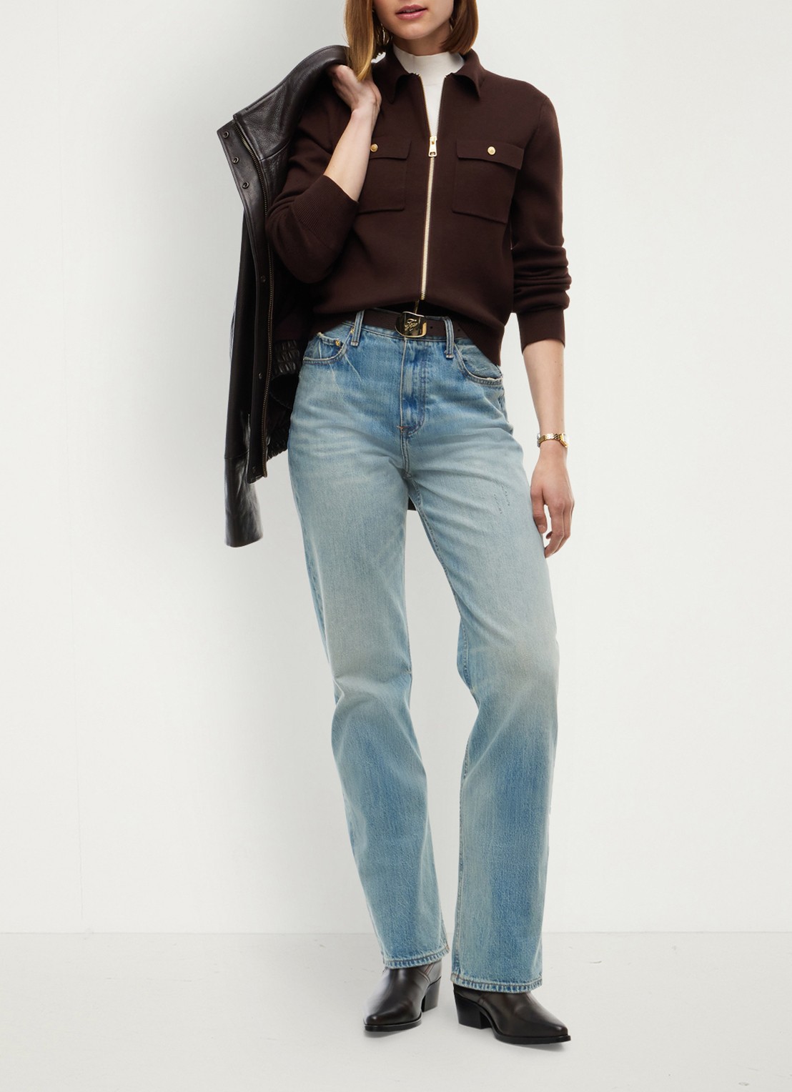 Tommy Hilfiger Monogram cowboylaars van leer  - voorkant 7 donkerbruin