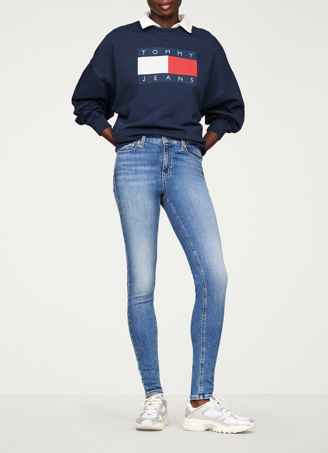 Tommy Hilfiger Nora mid waist skinny jeans met lichte wassing - voorkant 4 indigo