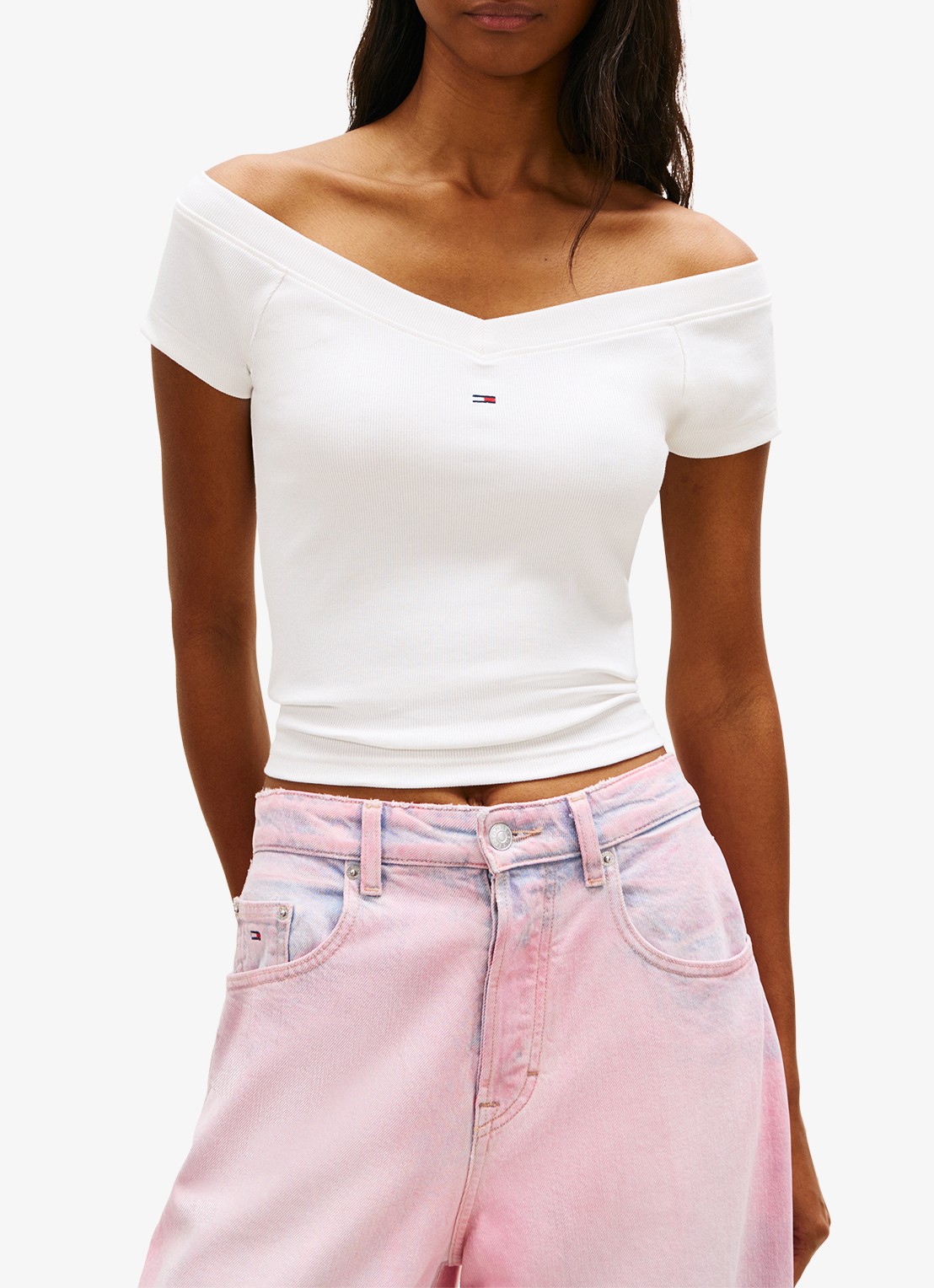 Tommy Hilfiger Off-shoulder top met logoborduring - detail 3 wit