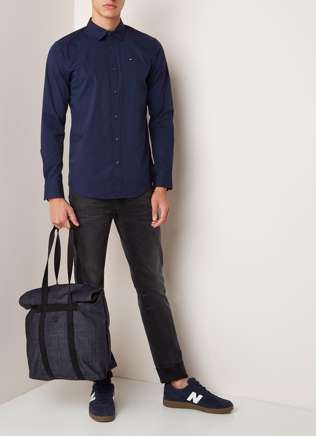 Tommy Hilfiger Original slim fit overhemd met stretch - voorkant 2 donkerblauw