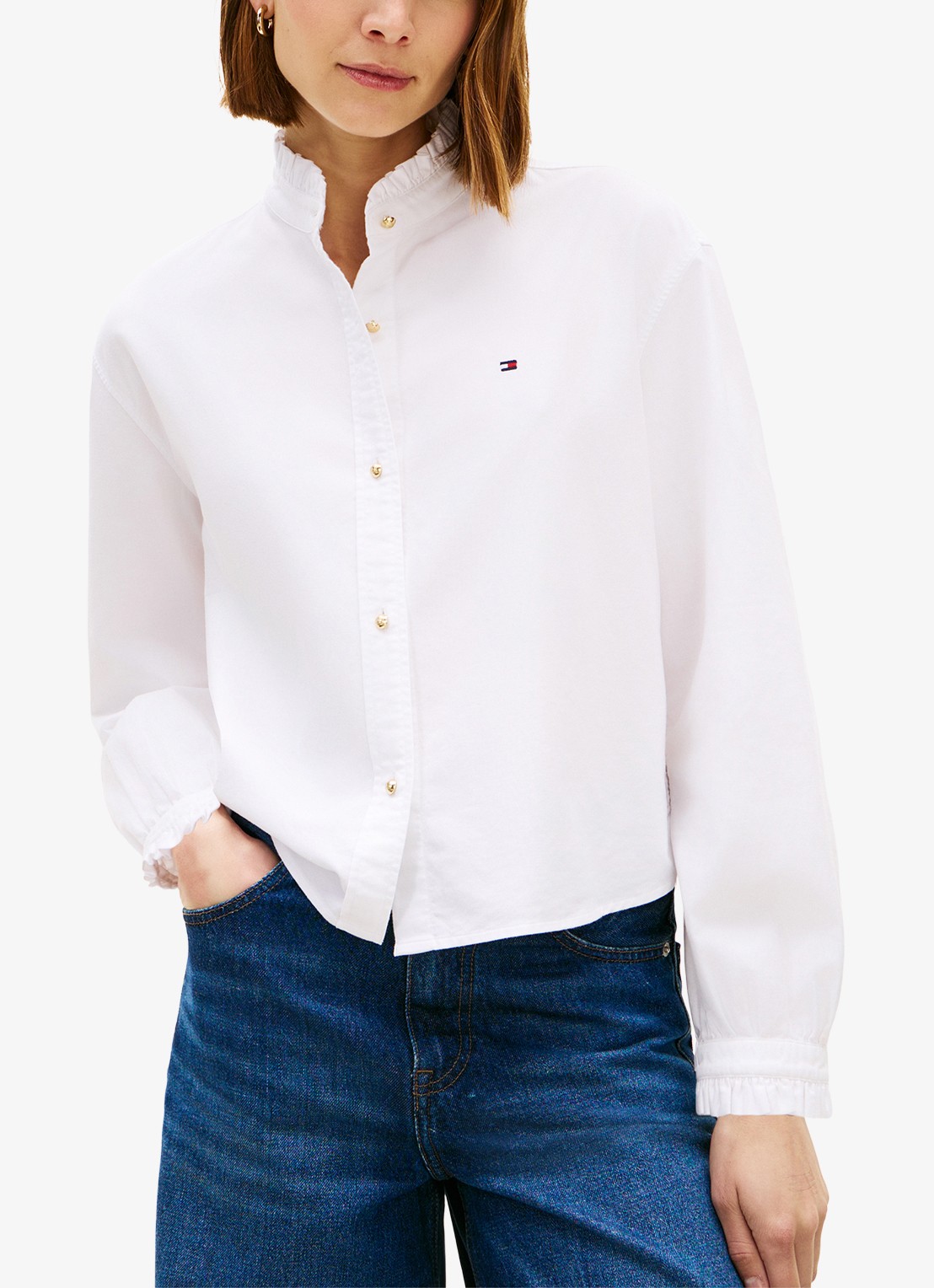 Tommy Hilfiger Oxford blouse met ruches en opstaande kraag - detail 4 wit