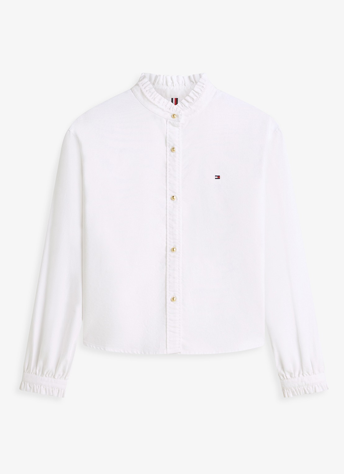 Tommy Hilfiger Oxford blouse met ruches en opstaande kraag - voorkant wit