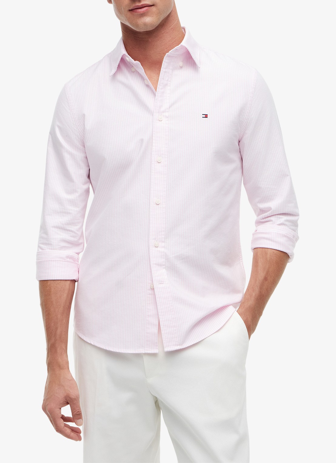 Tommy Hilfiger Oxford regular fit overhemd met streepprint - detail 2 lichtroze