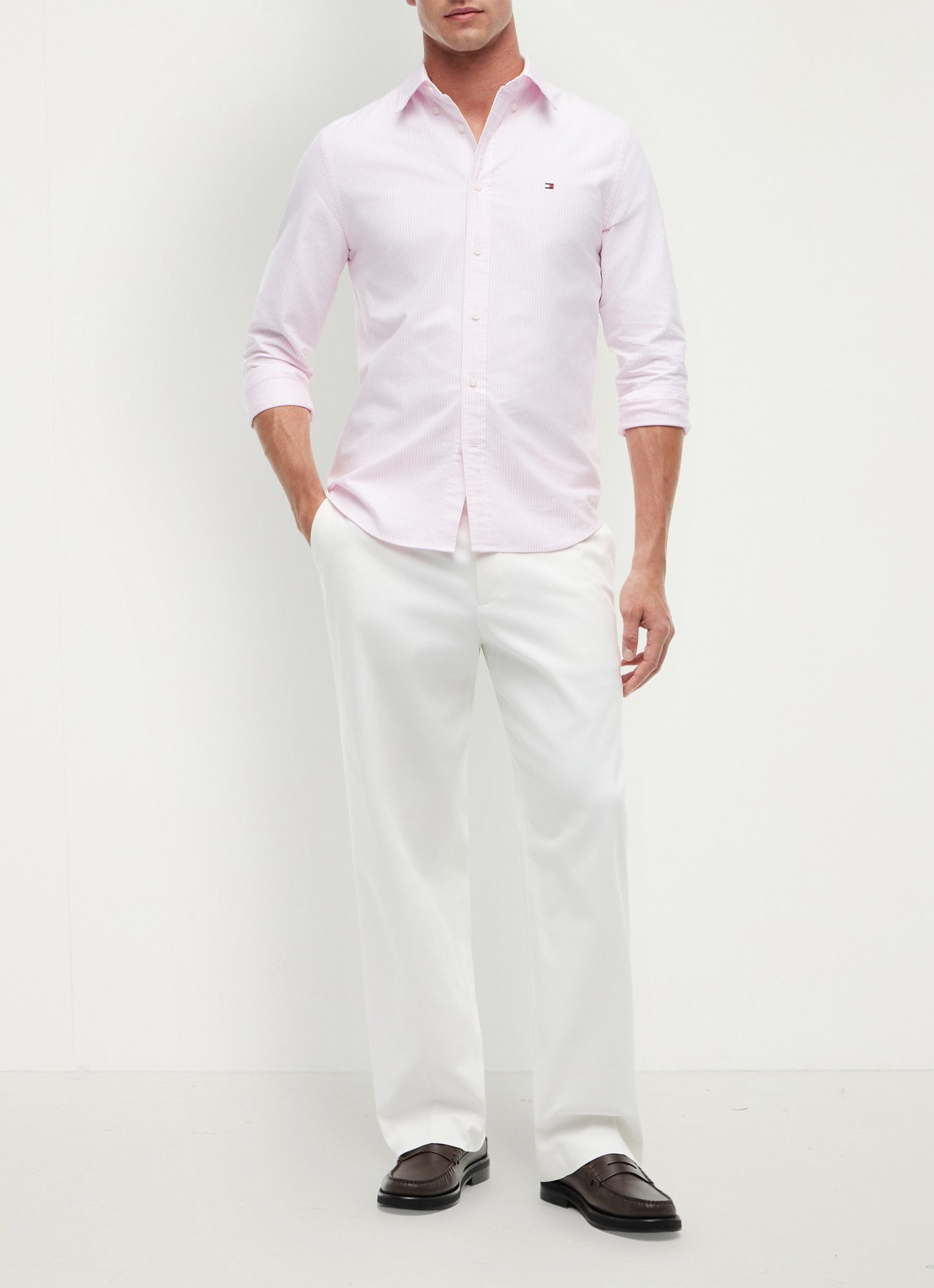 Tommy Hilfiger Oxford regular fit overhemd met streepprint - voorkant 6 lichtroze