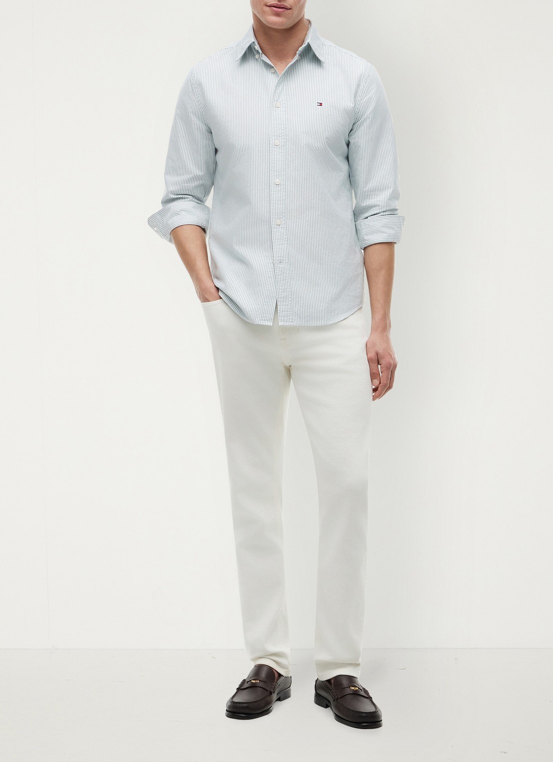 Tommy Hilfiger Oxford regular fit overhemd met streepprint - voorkant 7 ornamental green / white