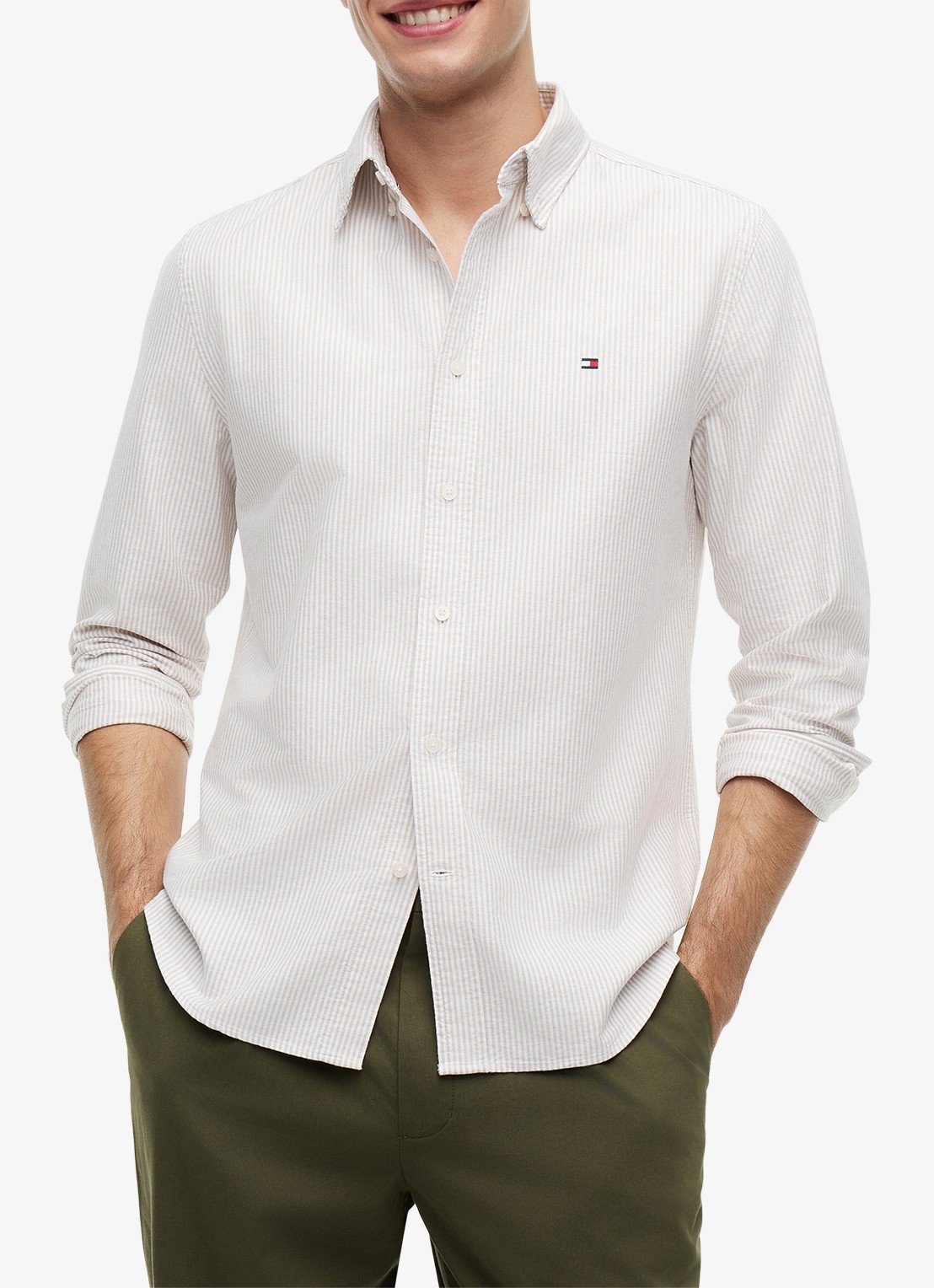 Tommy Hilfiger Oxford regular fit overhemd met streepprint - detail 4 coastal taupe / stripe-0aa / beige