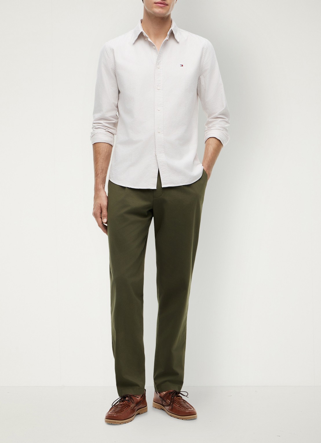 Tommy Hilfiger Oxford regular fit overhemd met streepprint - voorkant 2 coastal taupe / stripe-0aa / beige