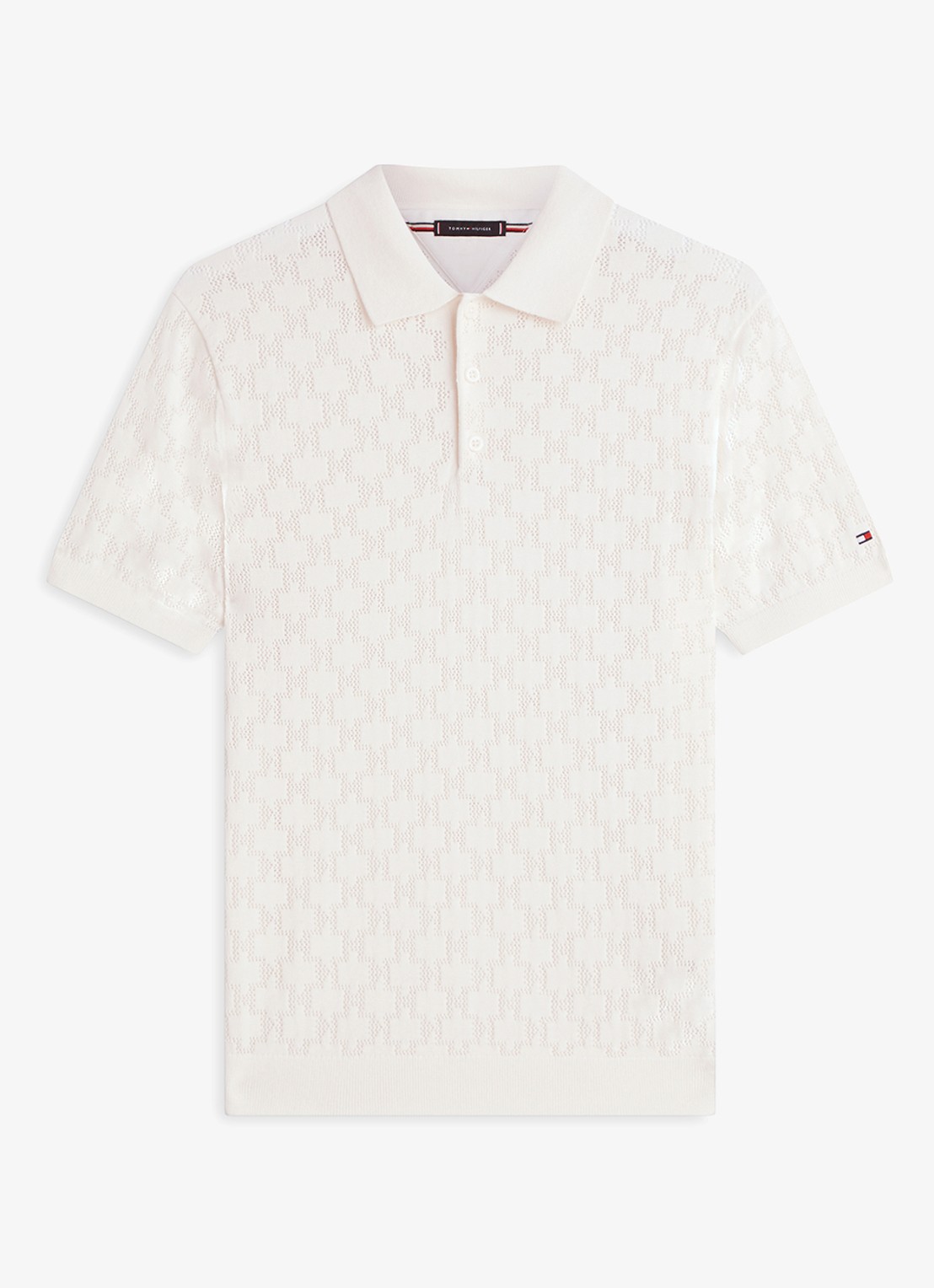 Tommy Hilfiger Polo met opengewerkt detail  - voorkant 2 beige