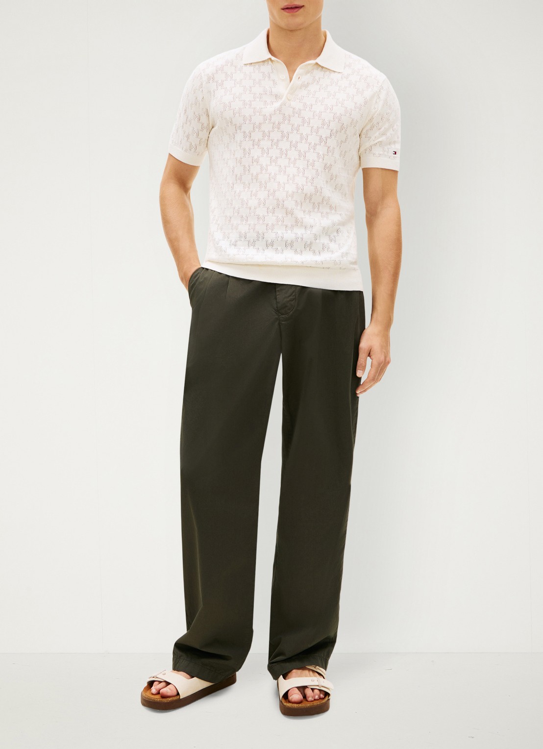 Tommy Hilfiger Polo met opengewerkt detail  - voorkant 3 beige