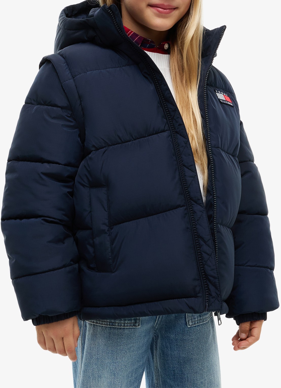 Tommy Hilfiger Puffer jas met afneembare capuchon - detail donkerblauw