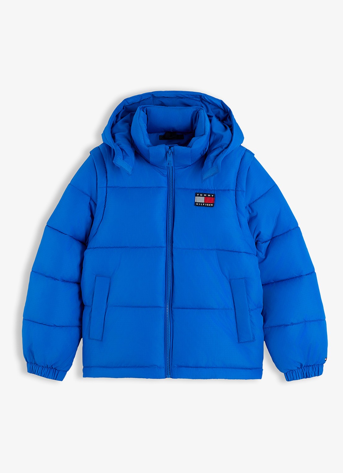 Tommy Hilfiger Puffer jas met afneembare capuchon - voorkant staalblauw