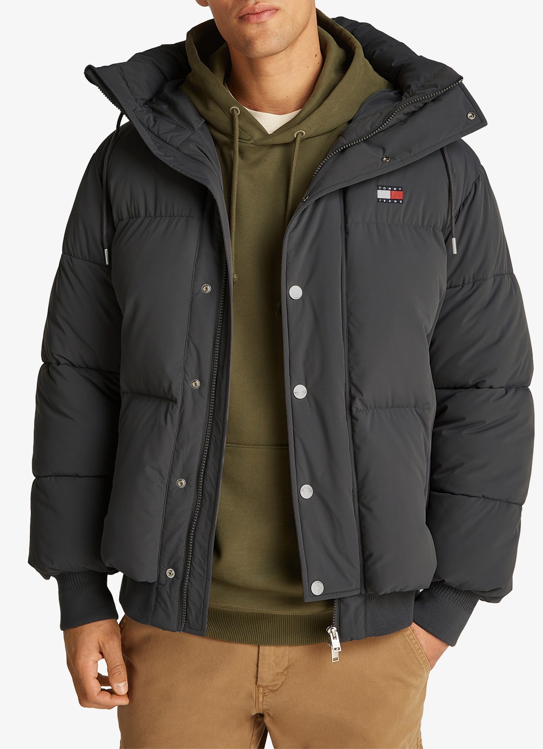 Tommy Hilfiger Puffer jas met capuchon en logo - detail zwart