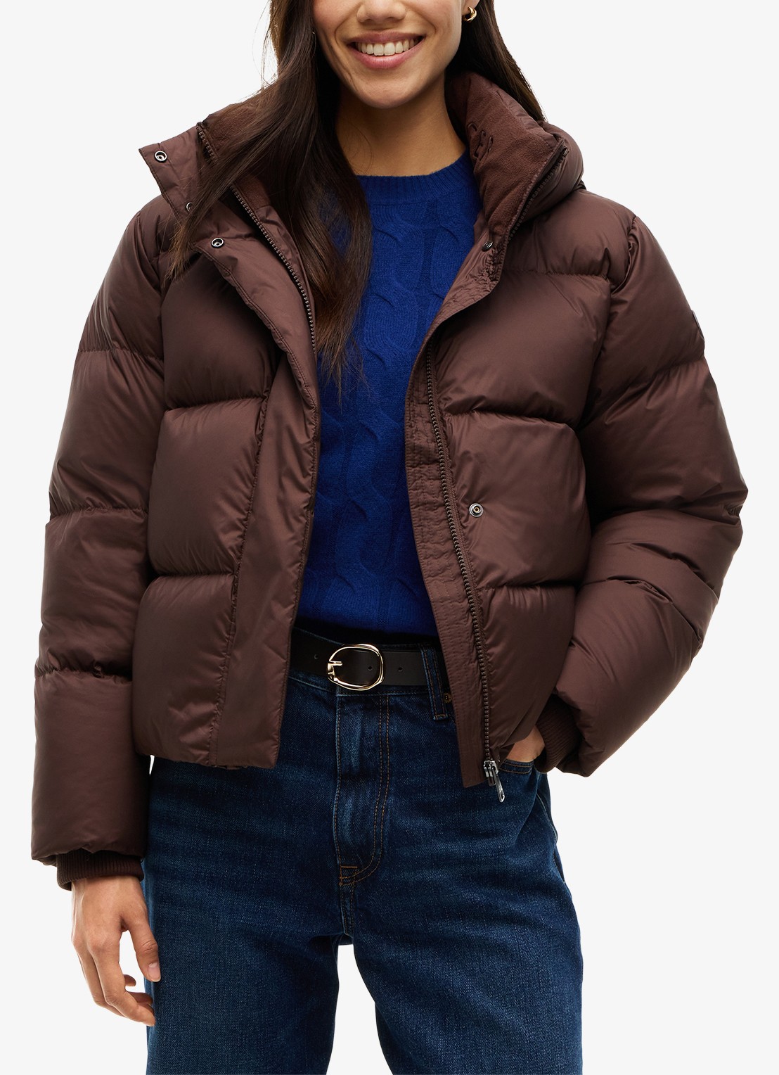 Tommy Hilfiger Puffer jas met donsvulling en capuchon  - detail donkerbruin