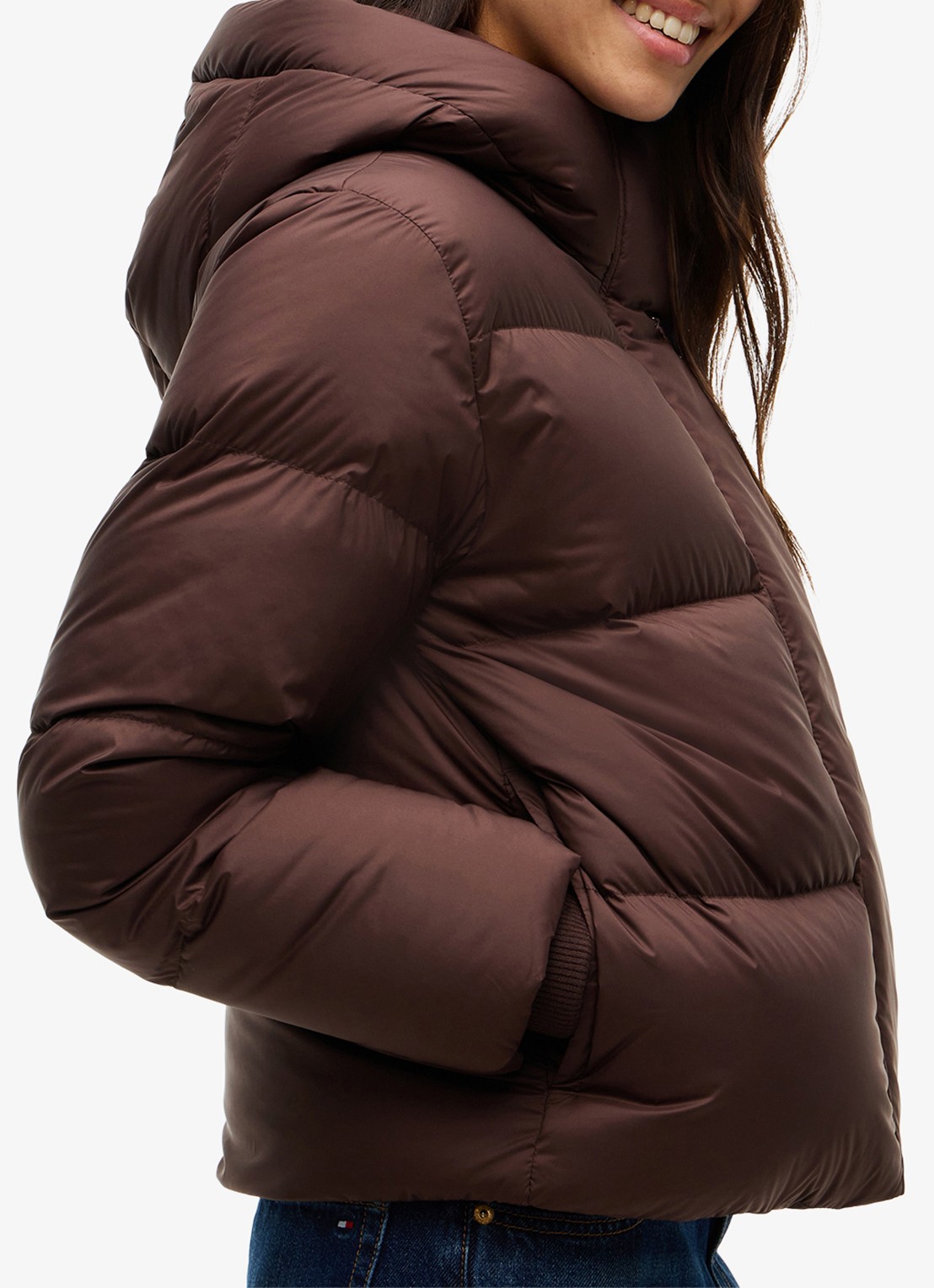 Tommy Hilfiger Puffer jas met donsvulling en capuchon  - detail 2 donkerbruin