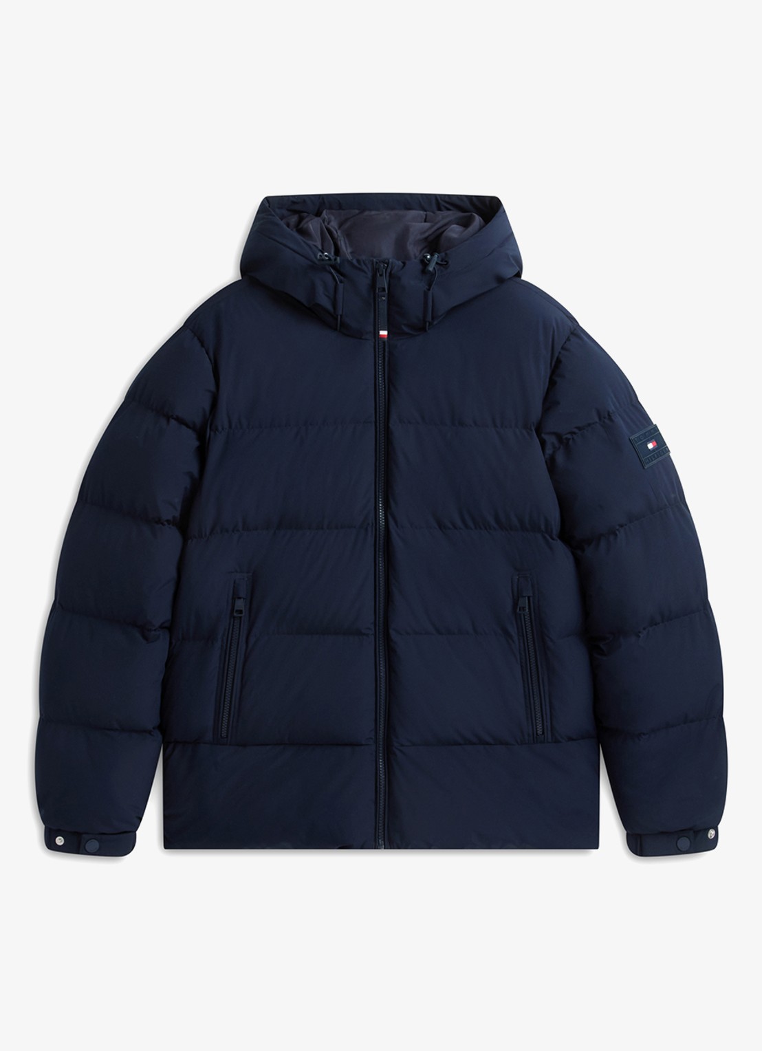Tommy Hilfiger Puffer jas met donsvulling en capuchon  - voorkant donkerblauw