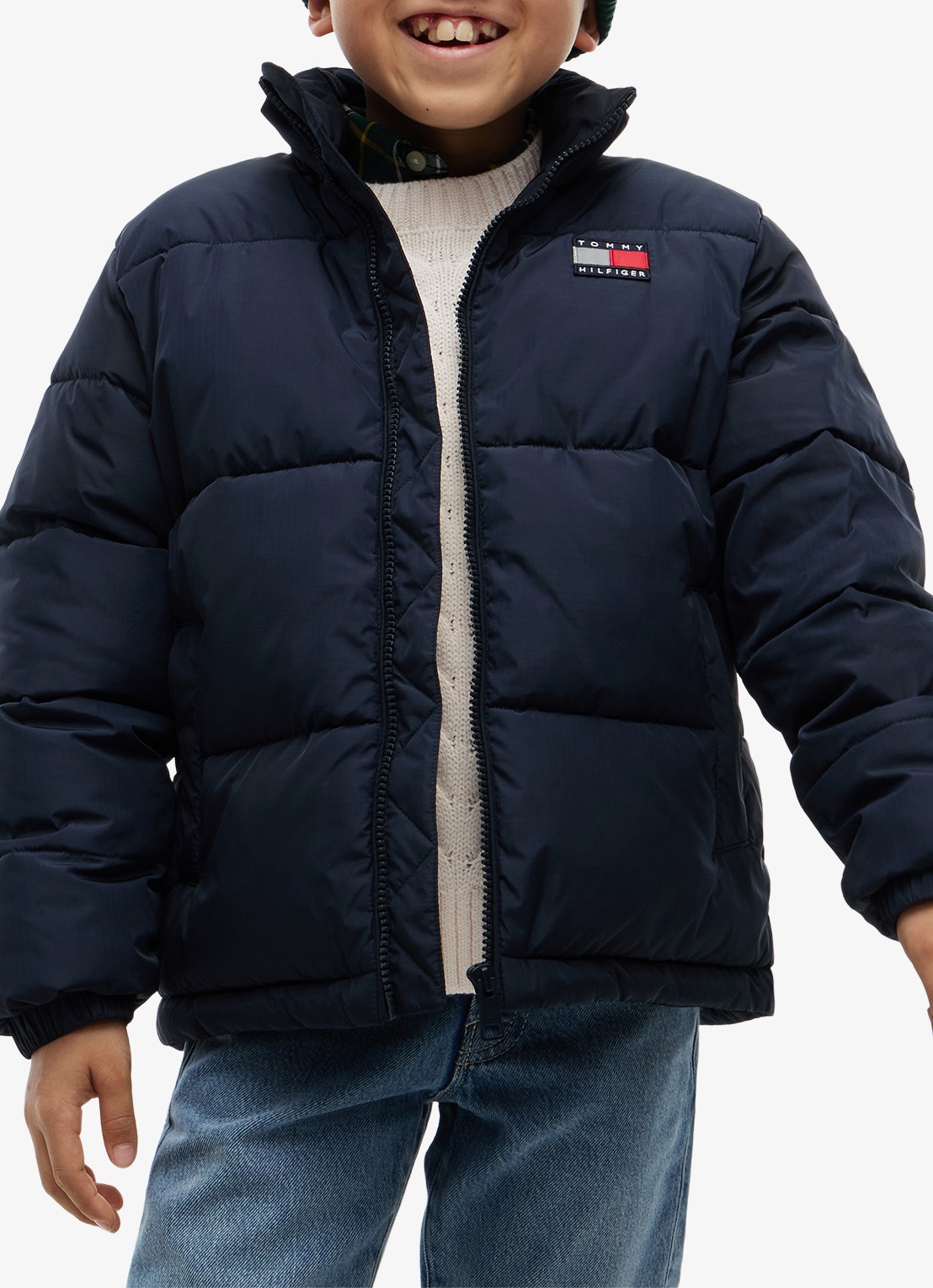 Tommy Hilfiger Puffer jas met logo - detail donkerblauw