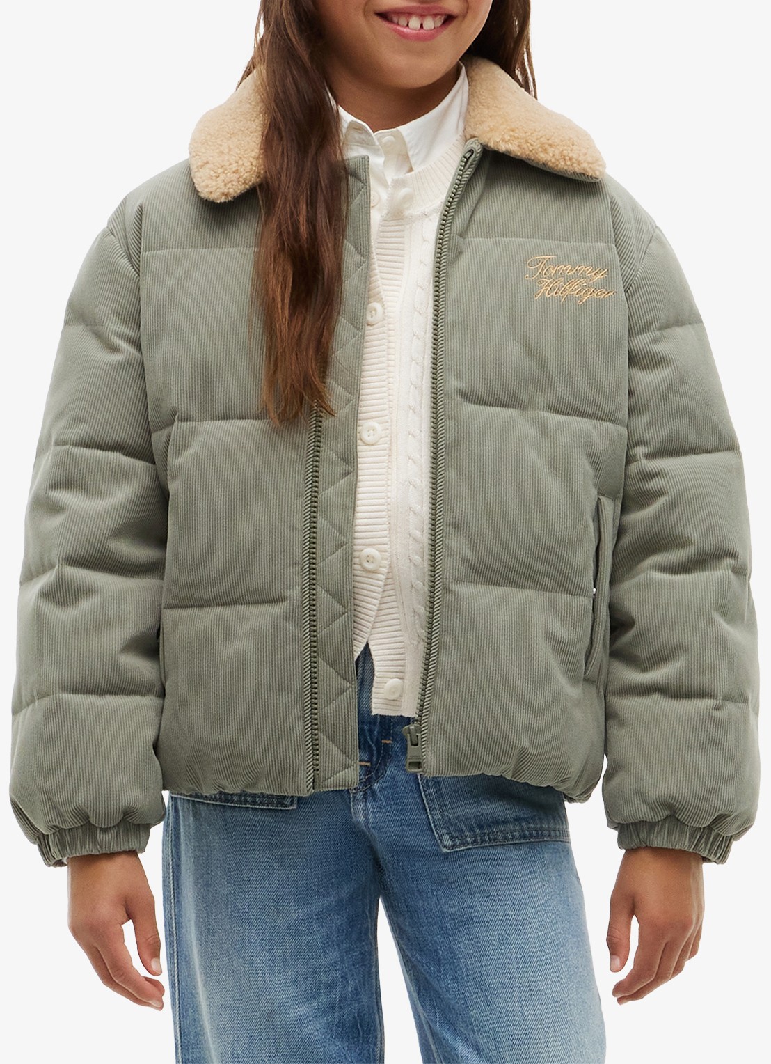 Tommy Hilfiger Puffer jas van corduroy met details van teddy - detail 4 lindegroen