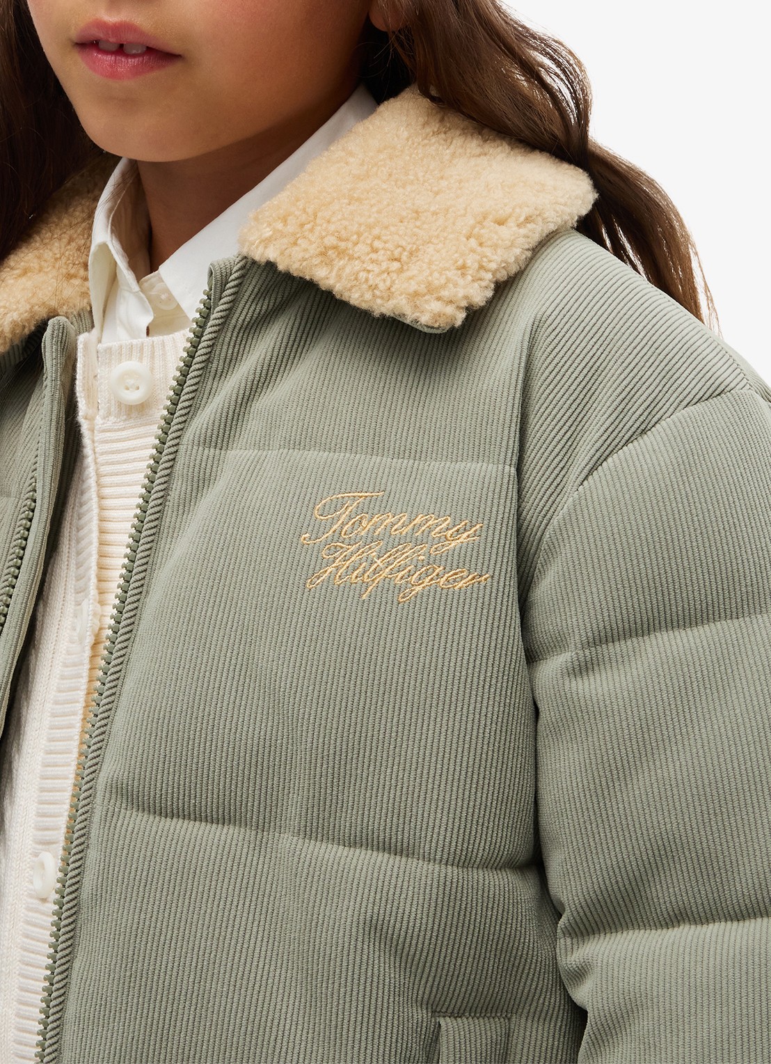 Tommy Hilfiger Puffer jas van corduroy met details van teddy - detail 5 lindegroen