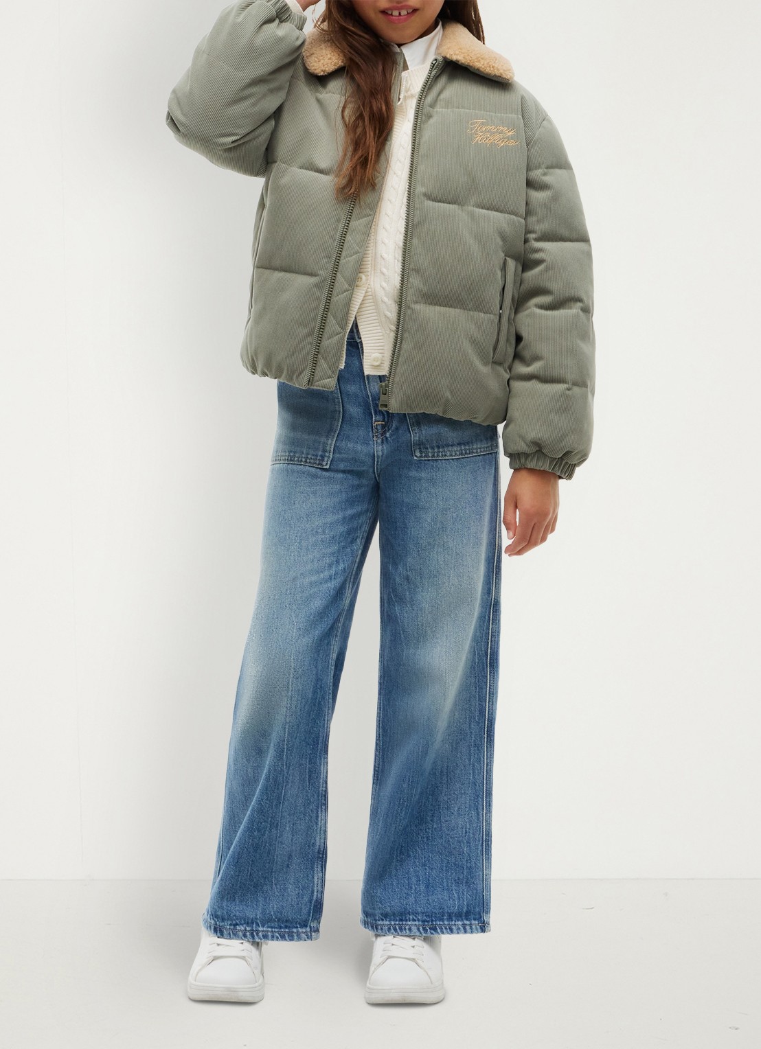 Tommy Hilfiger Puffer jas van corduroy met details van teddy - voorkant 3 lindegroen