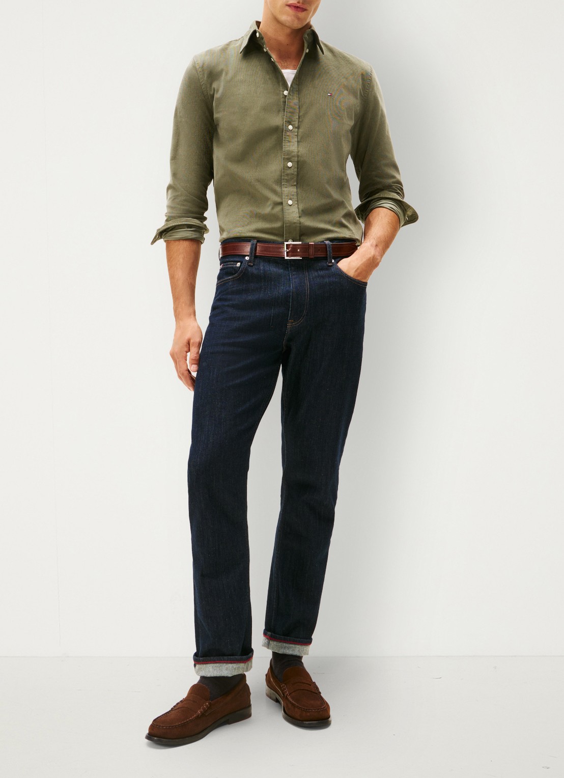 Tommy Hilfiger Reglar fit overhemd van flanel - voorkant 4 legergroen