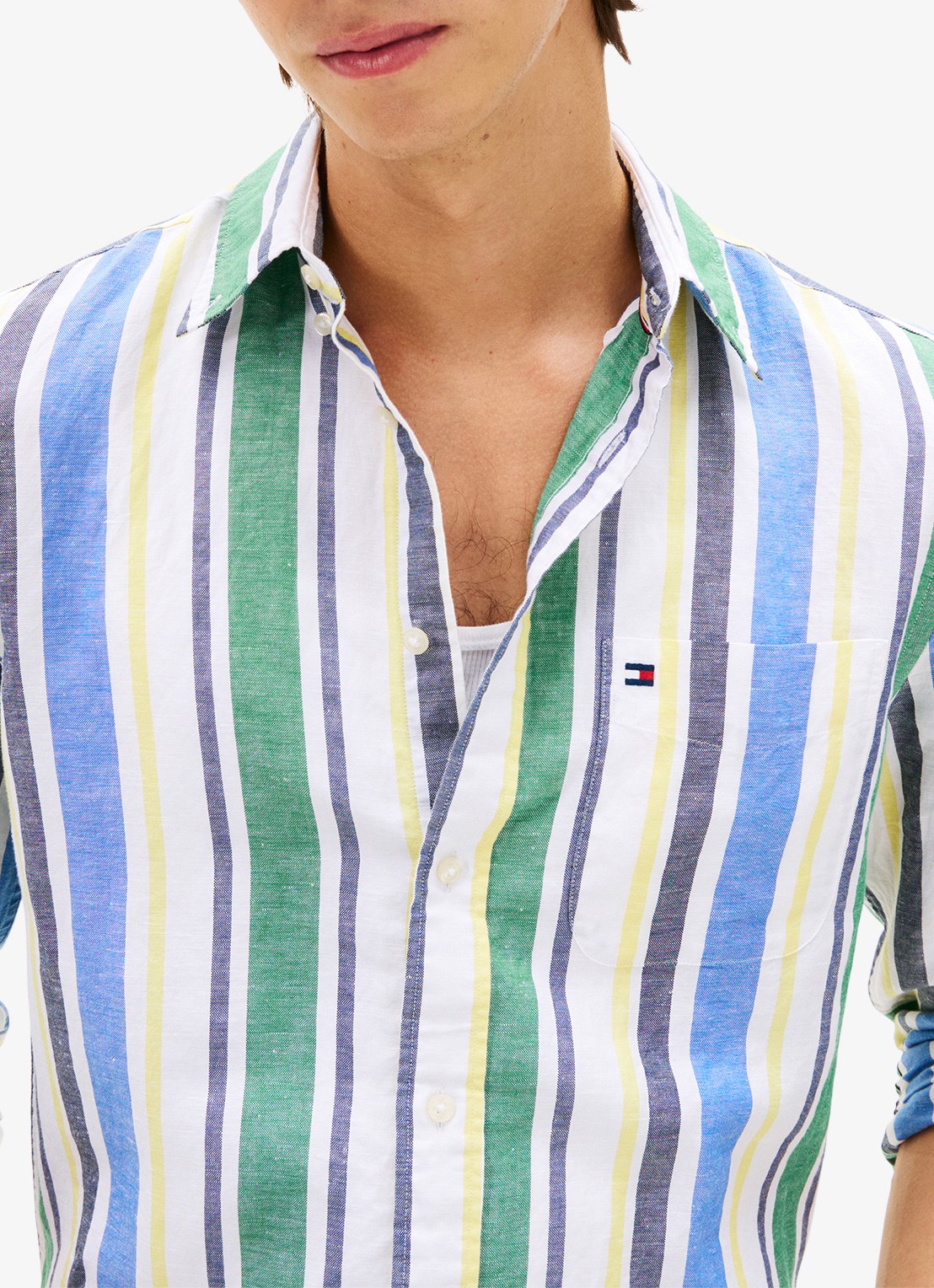 Tommy Hilfiger Regular fit overhemd in linnenblend met streepprint - detail 2 groen