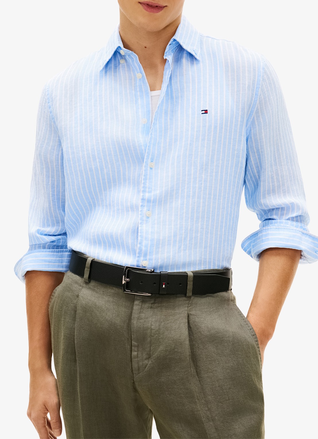 Tommy Hilfiger Regular fit overhemd van linnen met streepprint - detail 3 cloudy blue / stripe-0a5 / lichtblauw