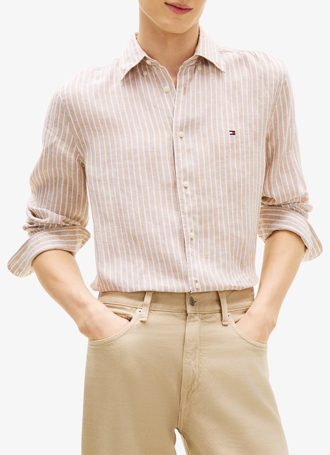 Tommy Hilfiger Regular fit overhemd van linnen met streepprint - detail 3 beige
