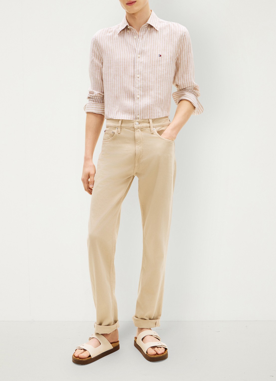 Tommy Hilfiger Regular fit overhemd van linnen met streepprint - voorkant 2 beige