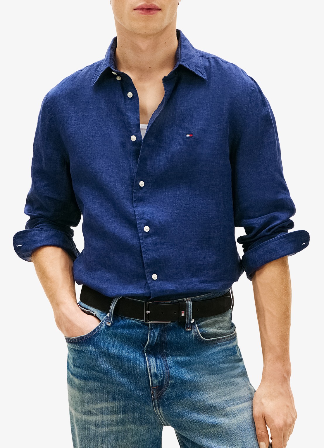 Tommy Hilfiger Regular fit overhemd van linnen - detail carbon navy-dcc / donkerblauw