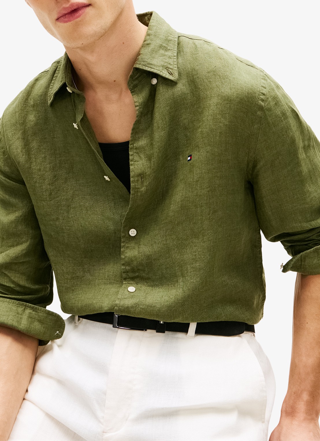 Tommy Hilfiger Regular fit overhemd van linnen - detail 4 olijfgroen